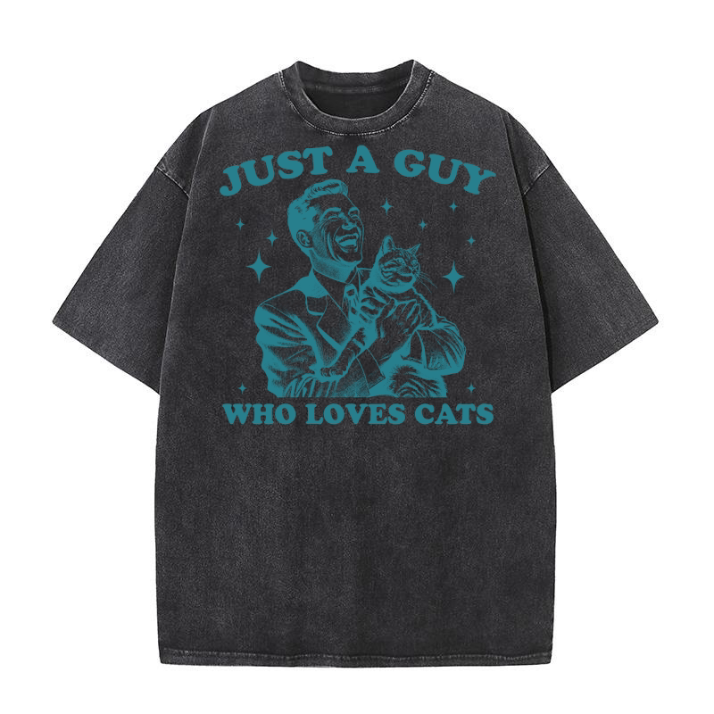 Just A Guy Who Loves Cats L Green Washed T-Shirt