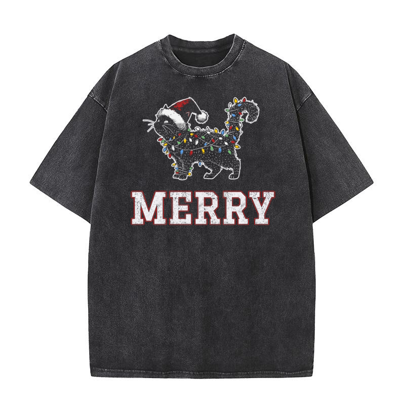 MERRY CAT WRAPPED BY CHRISTMAS LIGHTS D Color 2 Washed T-Shirt