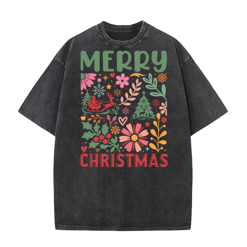 Merry Christmas Boho Flowers 02 Washed T-Shirt
