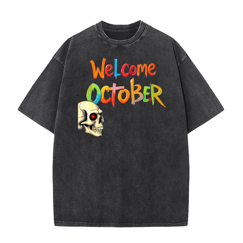 Welcome October Skull Graphic Washed T-Shirt