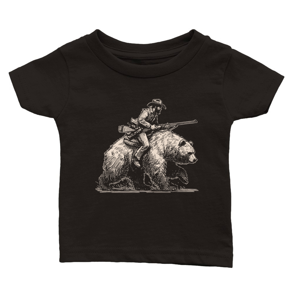 Cowboy Riding Bear D Retro White Classic Baby Crewneck T-shirt