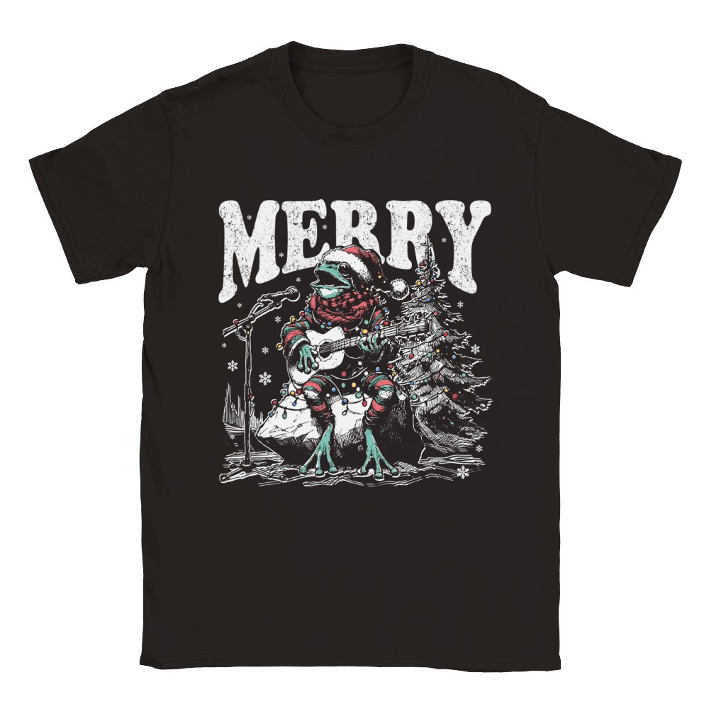 Merry Christmas Frog Playing Guitar D Black White Red Green TR Classic Kids Crewneck T-shirt