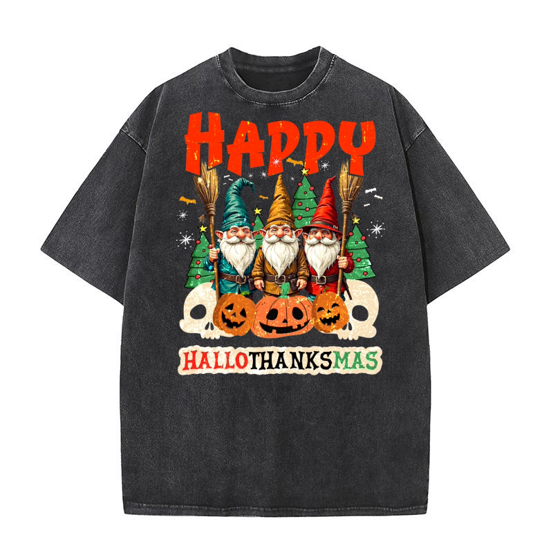 Happy Hallothanksmas Gnomes Lover Halloween Merry Christmas Washed T-Shirt
