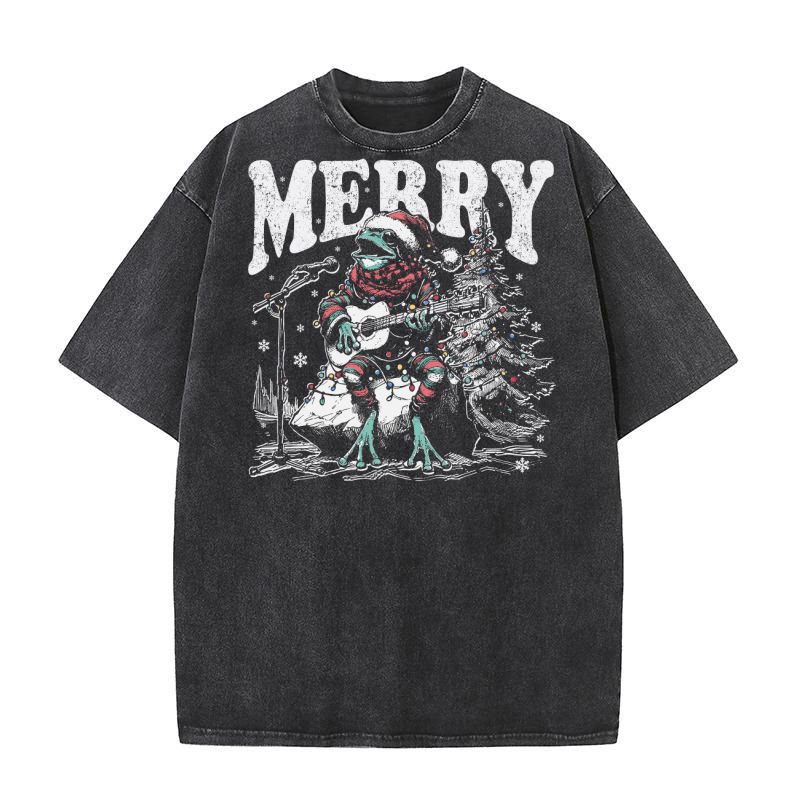 Merry Christmas Frog Playing Guitar D Black White Red Green TR Washed T-Shirt