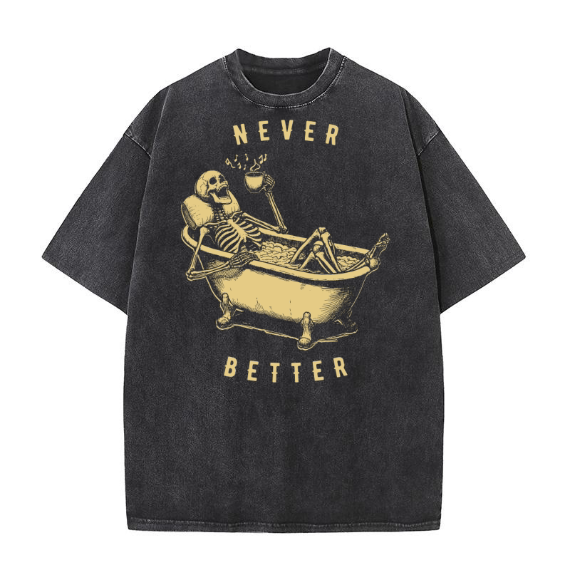 Never Better Skeleton In Bathtub D Yellow Washed T-Shirt