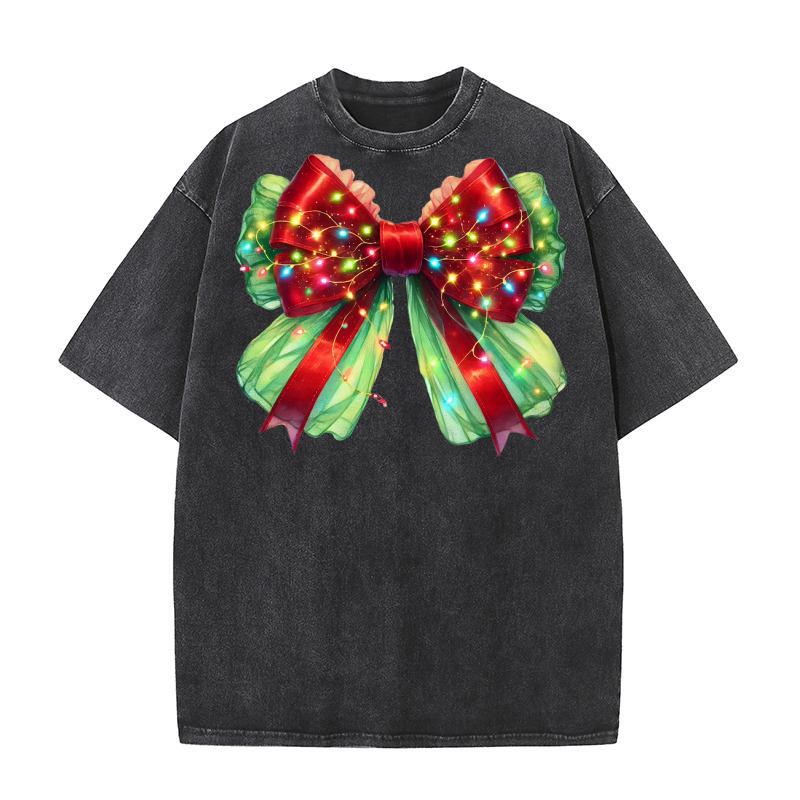 Red and Green Bow Fairy Lights Washed T-Shirt