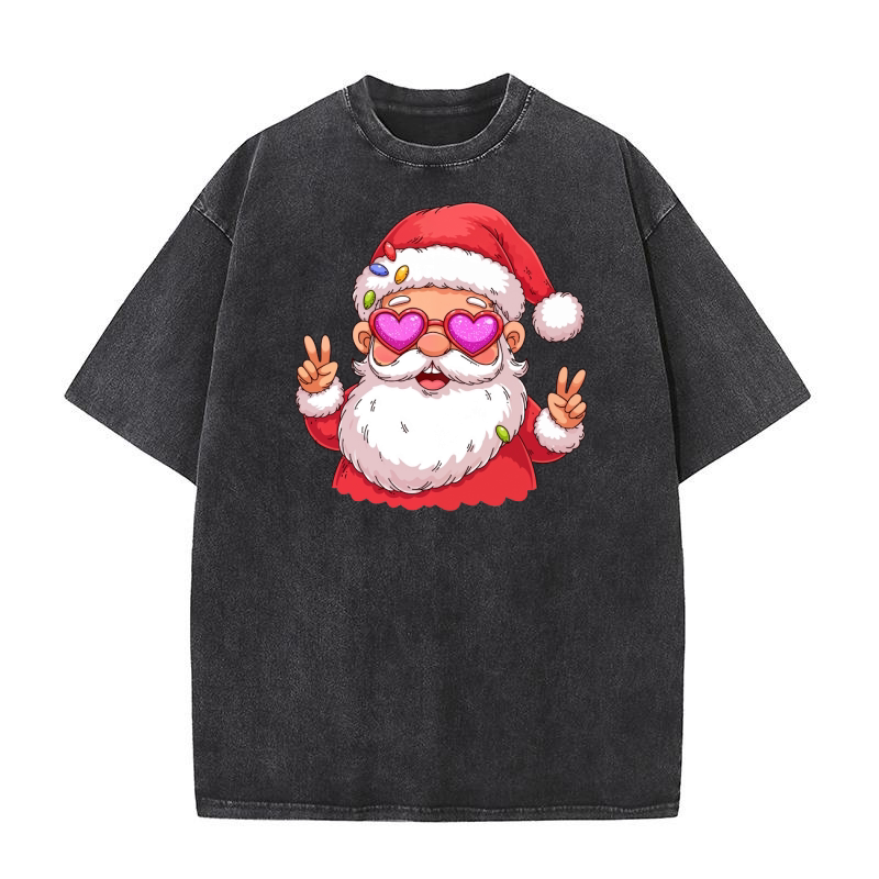 Santa Claus with Lights and Heart Glasses Washed T-Shirt