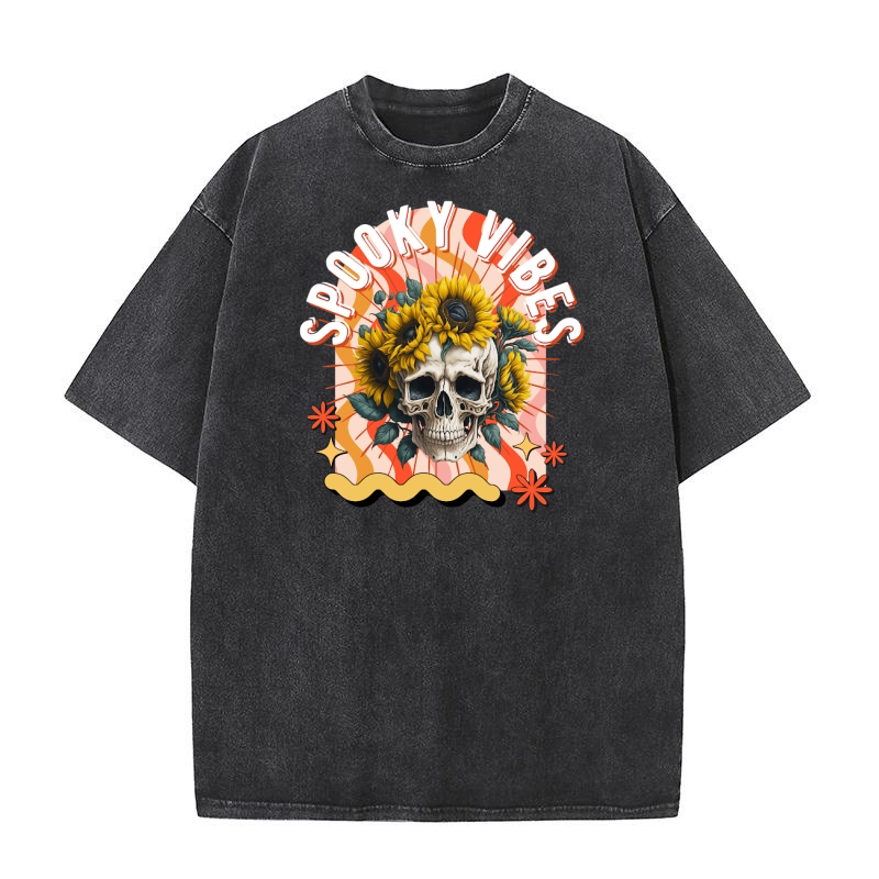 Spooky Vibes Skull Retro Washed T-Shirt