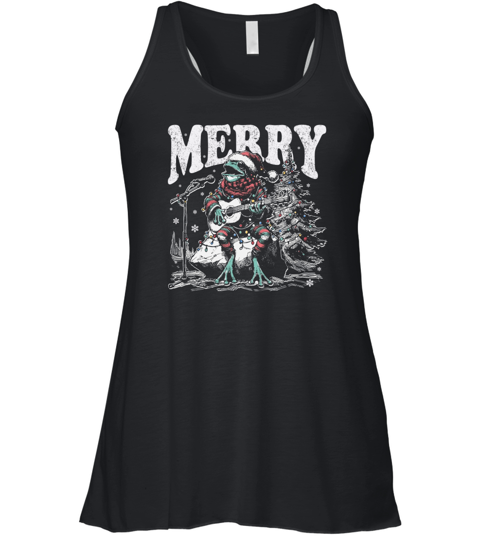 Merry Christmas Frog Playing Guitar D Black White Red Green TR Women's Flowy Tank Top