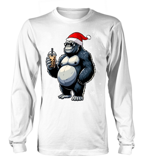 adorable gorilla drinking boba tea wearing santa hat 2 Long sleeved Unisex