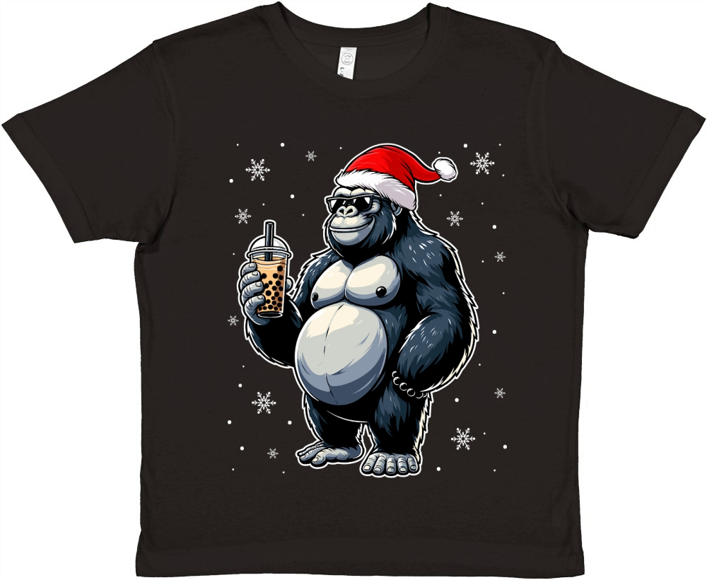 adorable gorilla drinking boba tea wearing santa hat 2 Premium Kids Crewneck T-shirt
