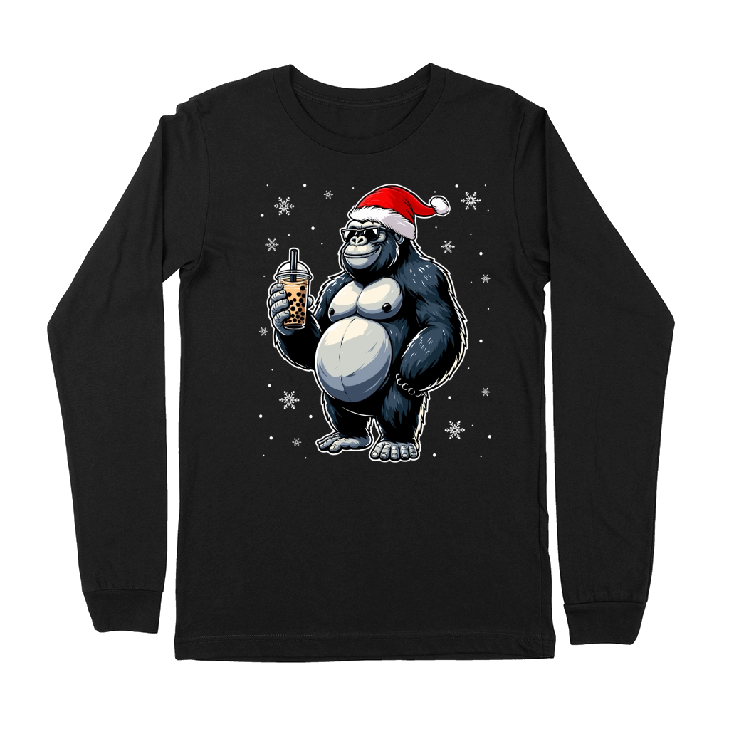 adorable gorilla drinking boba tea wearing santa hat 2 Premium Long Sleeve
