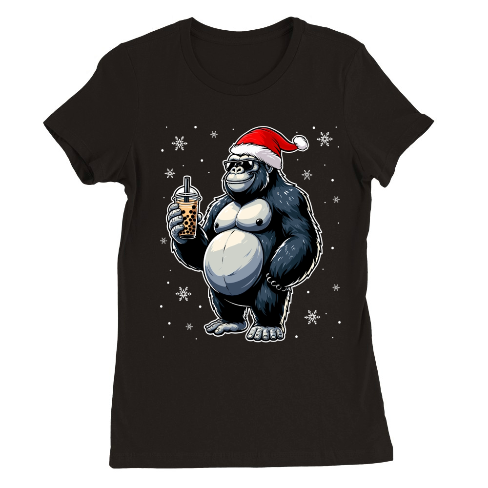 adorable gorilla drinking boba tea wearing santa hat 2 Premium Womens Crewneck T-shirt