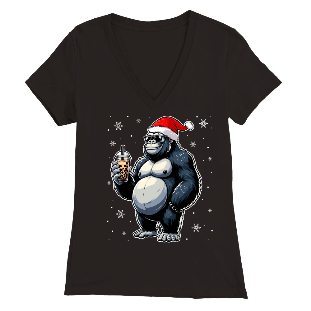 adorable gorilla drinking boba tea wearing santa hat 2 Premium Womens V-Neck T-shirt