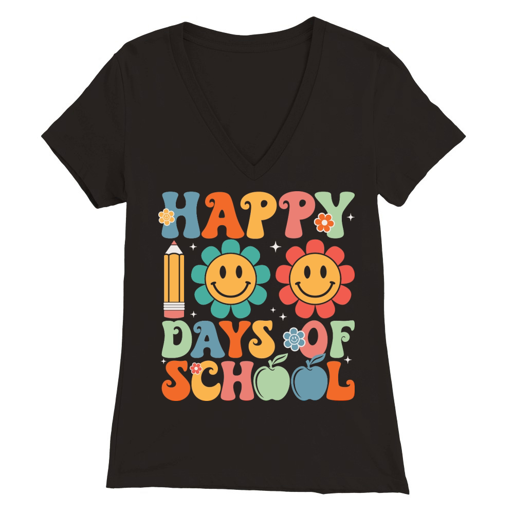 Retro Happy 100 Days of School Smiley Premium Womens V-Neck T-shirt