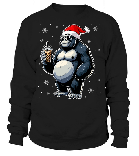 adorable gorilla drinking boba tea wearing santa hat 2 Sweatshirt Unisex