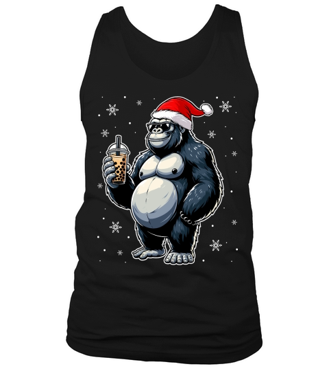 adorable gorilla drinking boba tea wearing santa hat 2 Tank Top Unisex