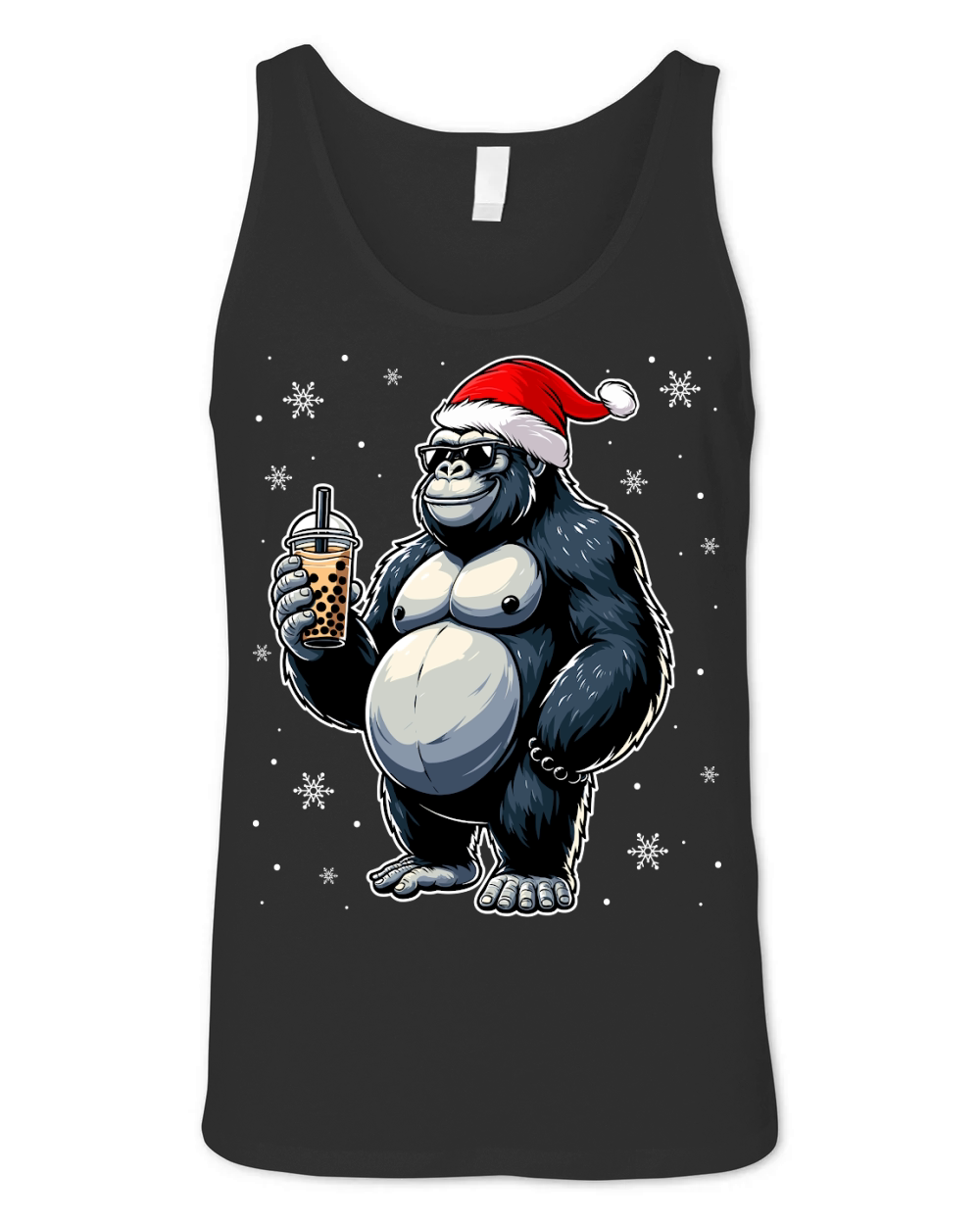 adorable gorilla drinking boba tea wearing santa hat 2 Unisex Jersey Tank