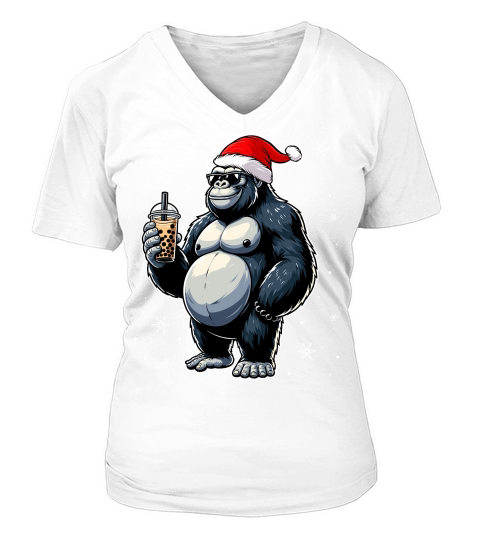 adorable gorilla drinking boba tea wearing santa hat 2 V-neck T-Shirt Woman