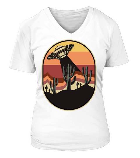 Vintage UFO Alien cactus mountain V-neck T-Shirt Woman