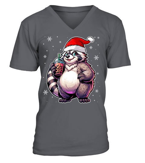 adorable Raccon drinking boba tea wearing santa hat 1 V-Neck T-shirt