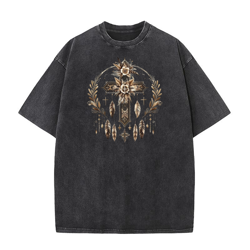 Boho Christmas Jesus Cross clipart (1) Washed T-Shirt