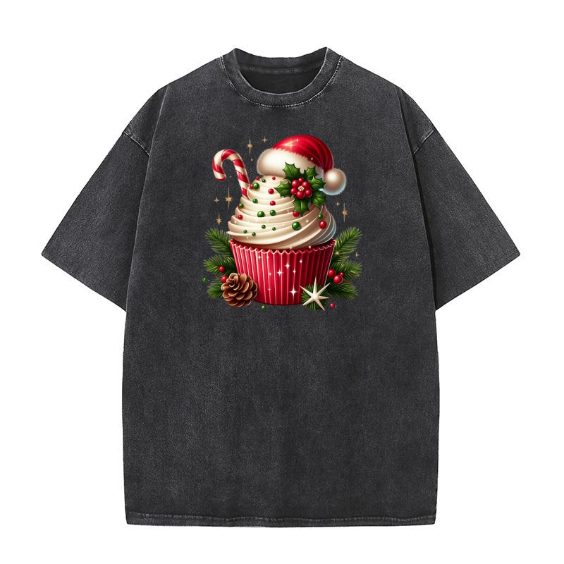 Christmas Cupcake Clipart (4) Washed T-Shirt