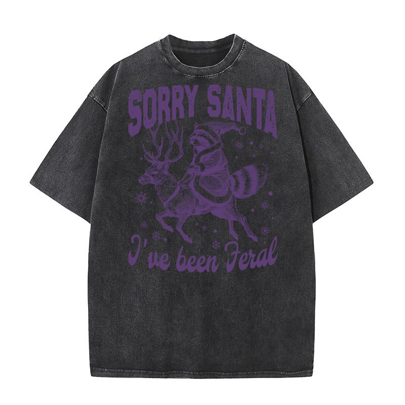 Raccoon Santa Riding Reindeer L Violet Washed T-Shirt