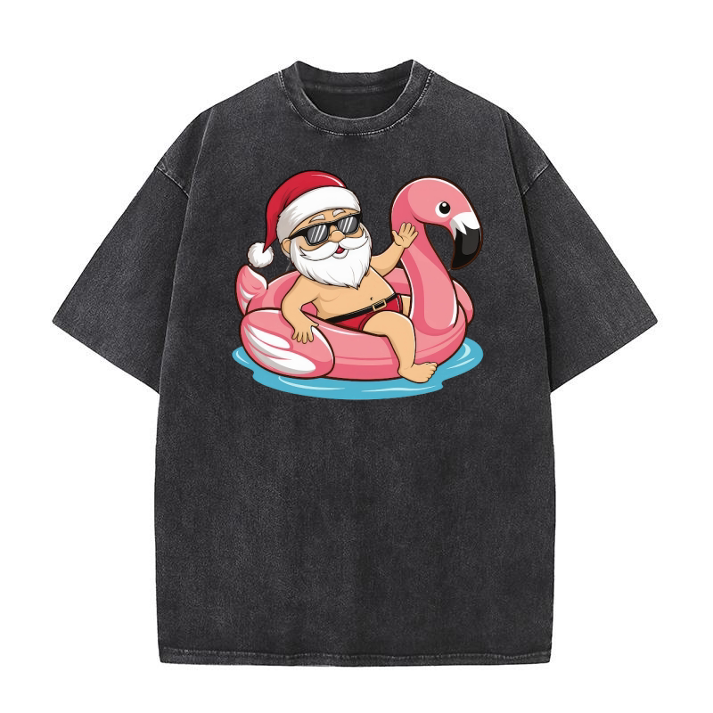 Santa Flamingo Christmas 4 Washed T-Shirt