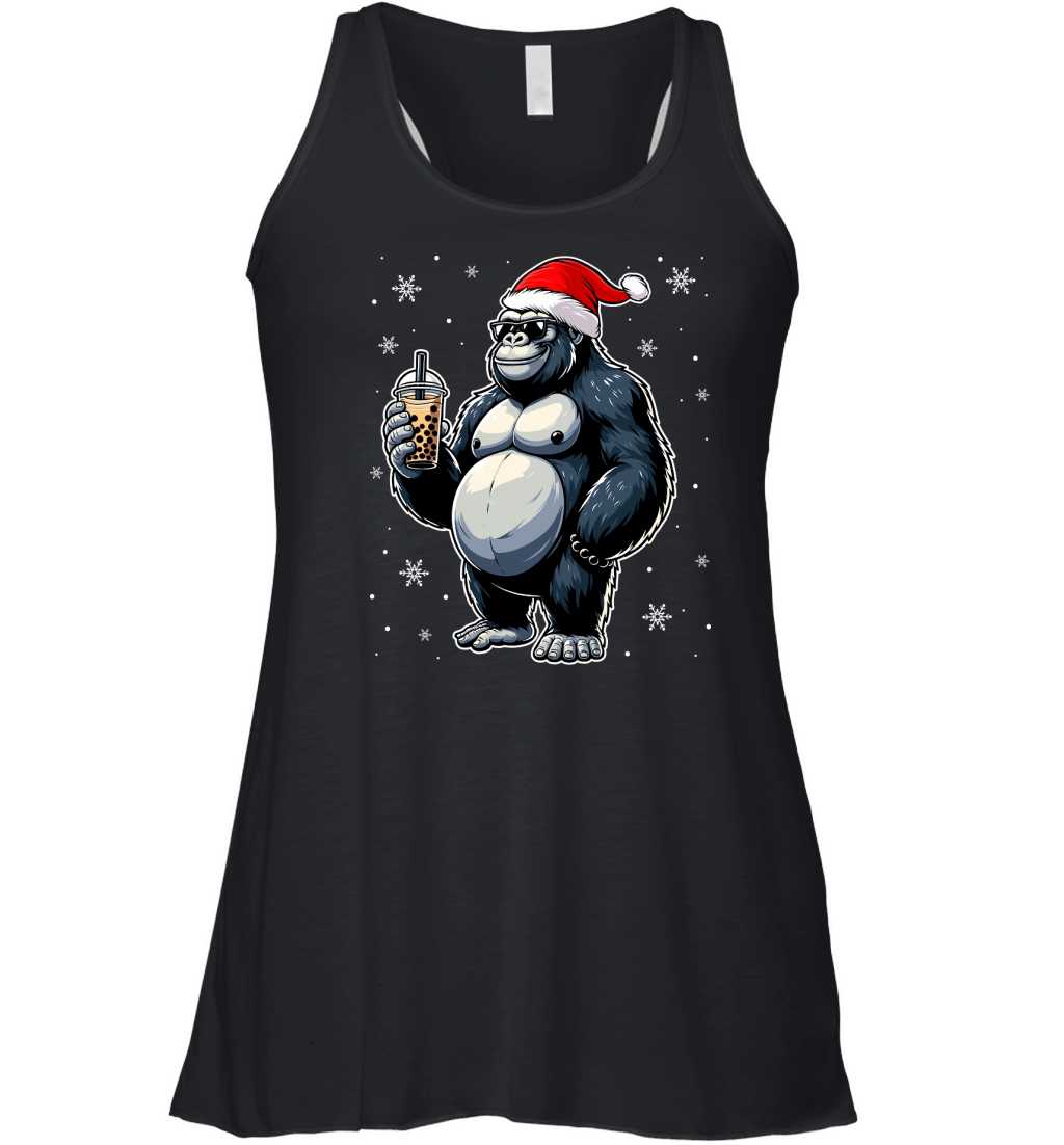 adorable gorilla drinking boba tea wearing santa hat 2 Women's Flowy Tank Top