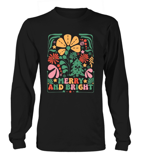 Merry and Bright Boho Christmas Tree Flower Retro Christmas 3 Long sleeved Unisex