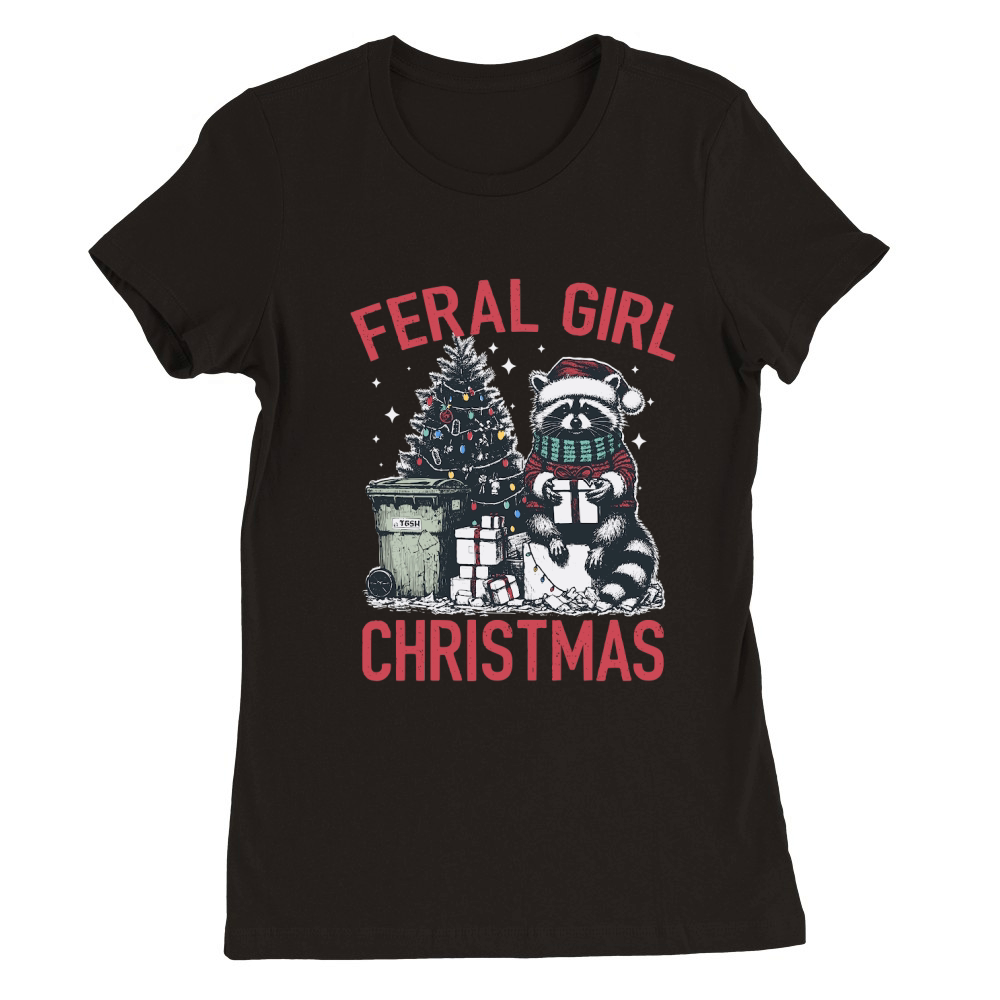 Feral Girl Christmas Raccoon D Color Red Premium Womens Crewneck T-shirt