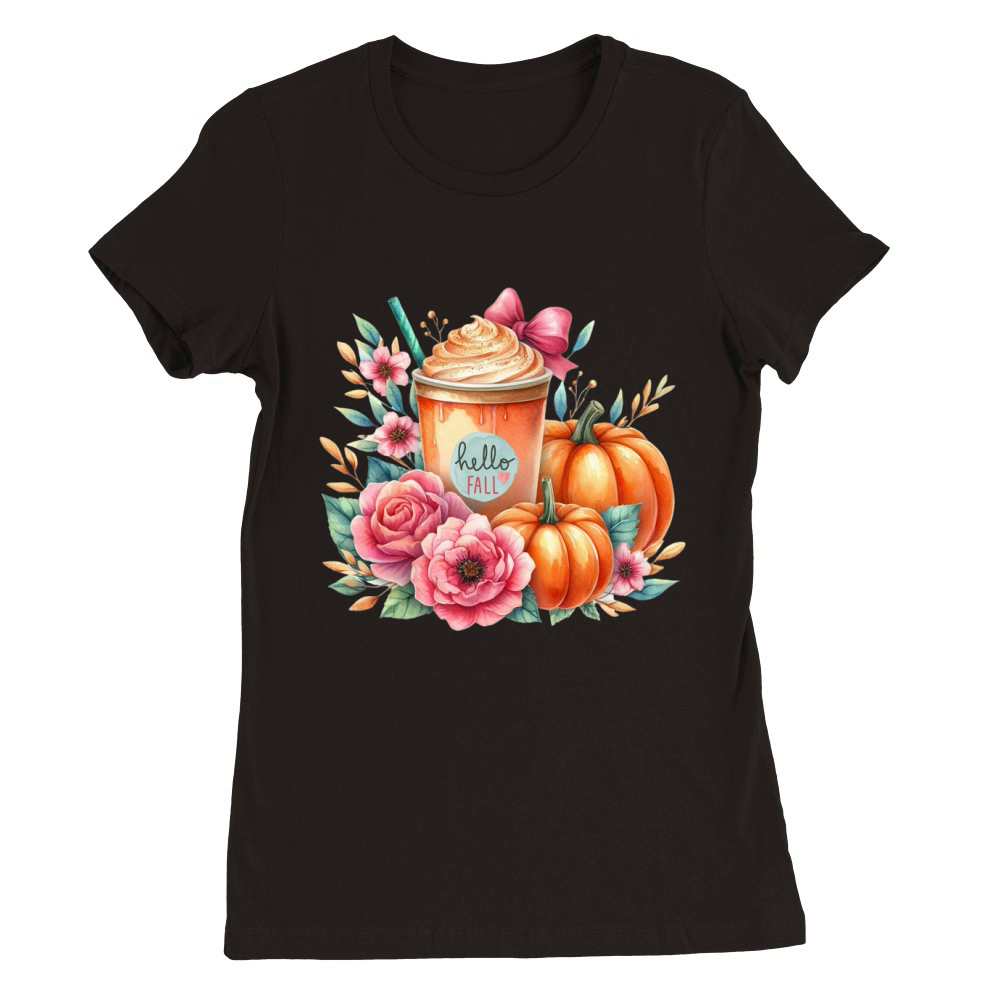 Hello Fall Watercolor Pumpkin Latte Premium Womens Crewneck T-shirt