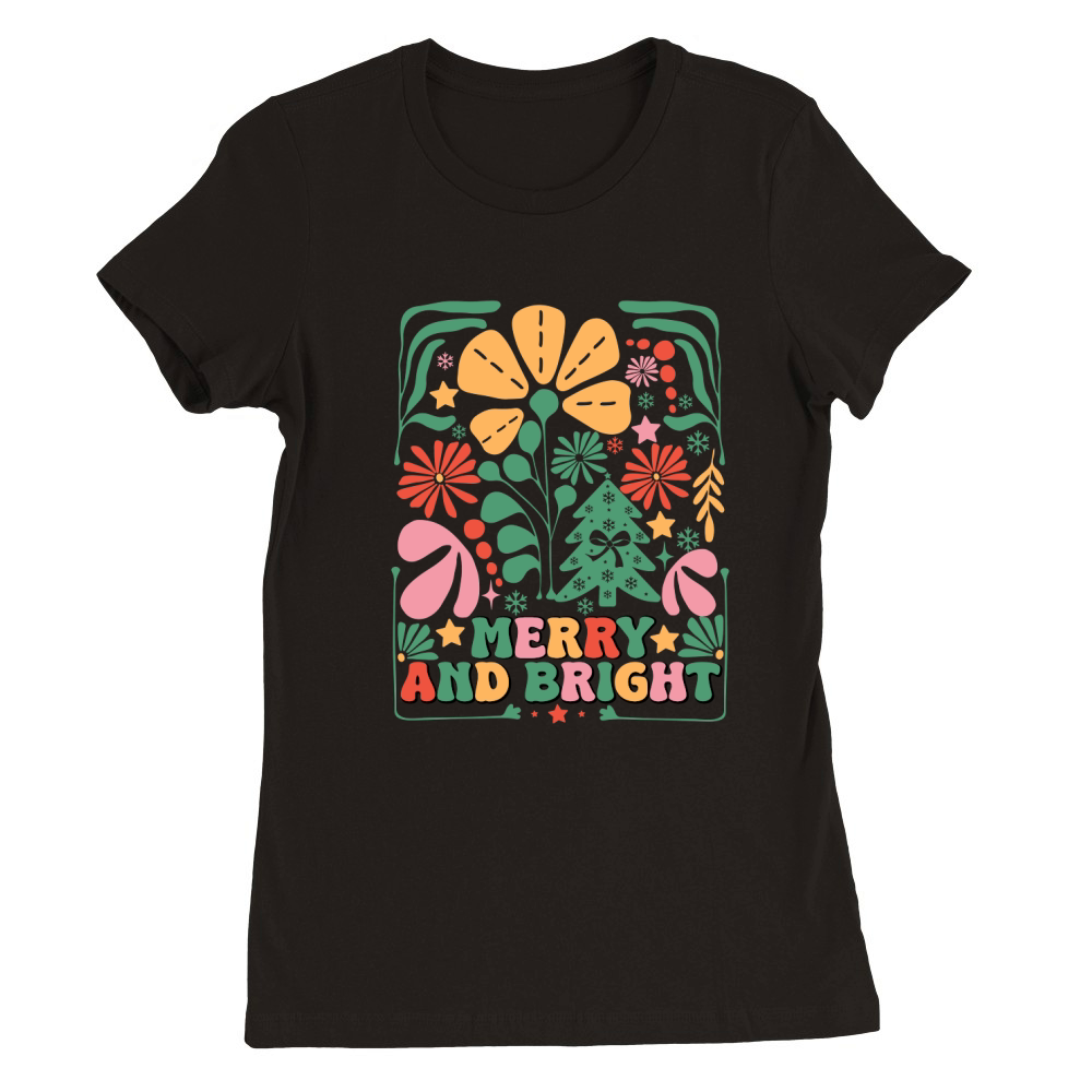 Merry and Bright Boho Christmas Tree Flower Retro Christmas 3 Premium Womens Crewneck T-shirt