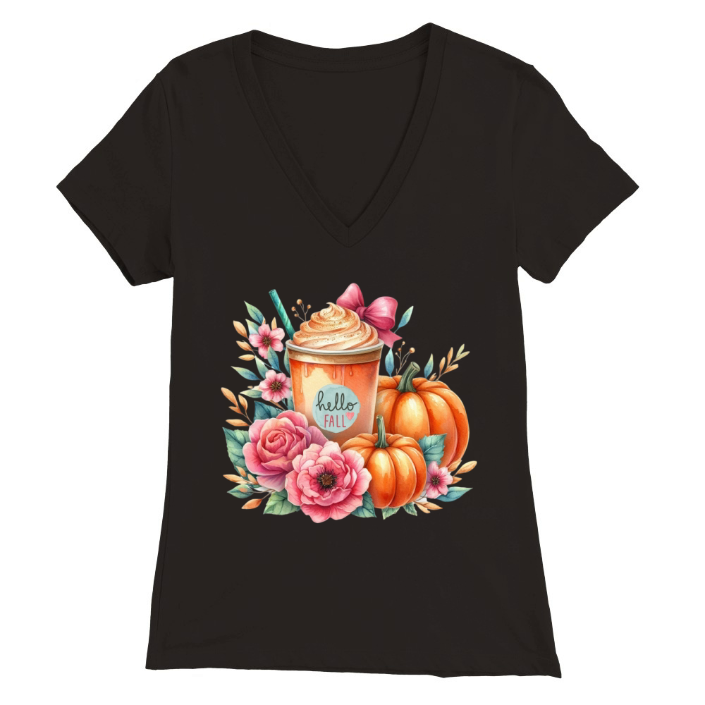 Hello Fall Watercolor Pumpkin Latte Premium Womens V-Neck T-shirt