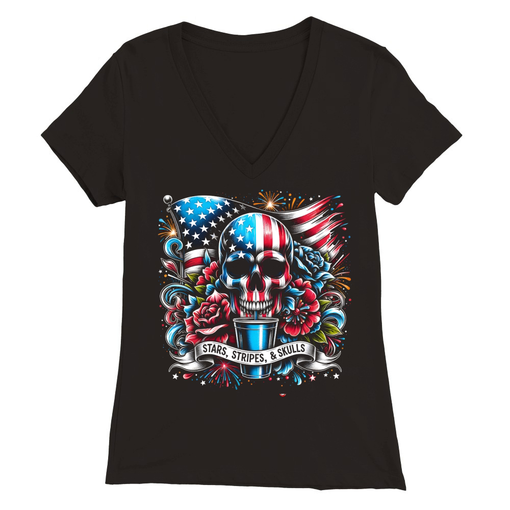 Stars Stripes & Skulls Patriotic Premium Womens V-Neck T-shirt