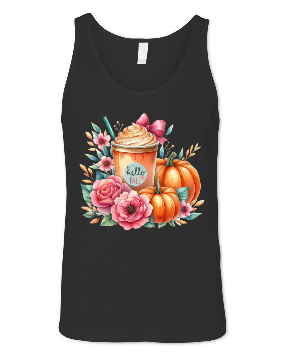 Hello Fall Watercolor Pumpkin Latte Unisex Jersey Tank