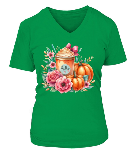 Hello Fall Watercolor Pumpkin Latte V-neck T-Shirt Woman
