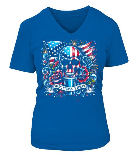 Stars Stripes & Skulls Patriotic V-neck T-Shirt Woman