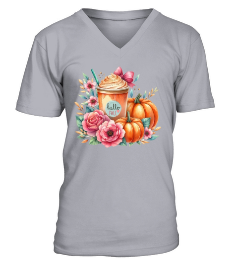 Hello Fall Watercolor Pumpkin Latte V-Neck T-shirt