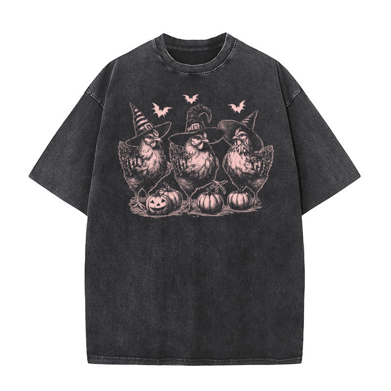 Chicken Witches Funny Halloween D Pink Washed T-Shirt