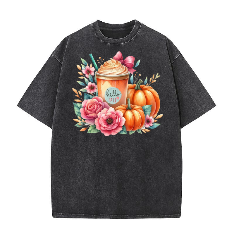 Hello Fall Watercolor Pumpkin Latte Washed T-Shirt