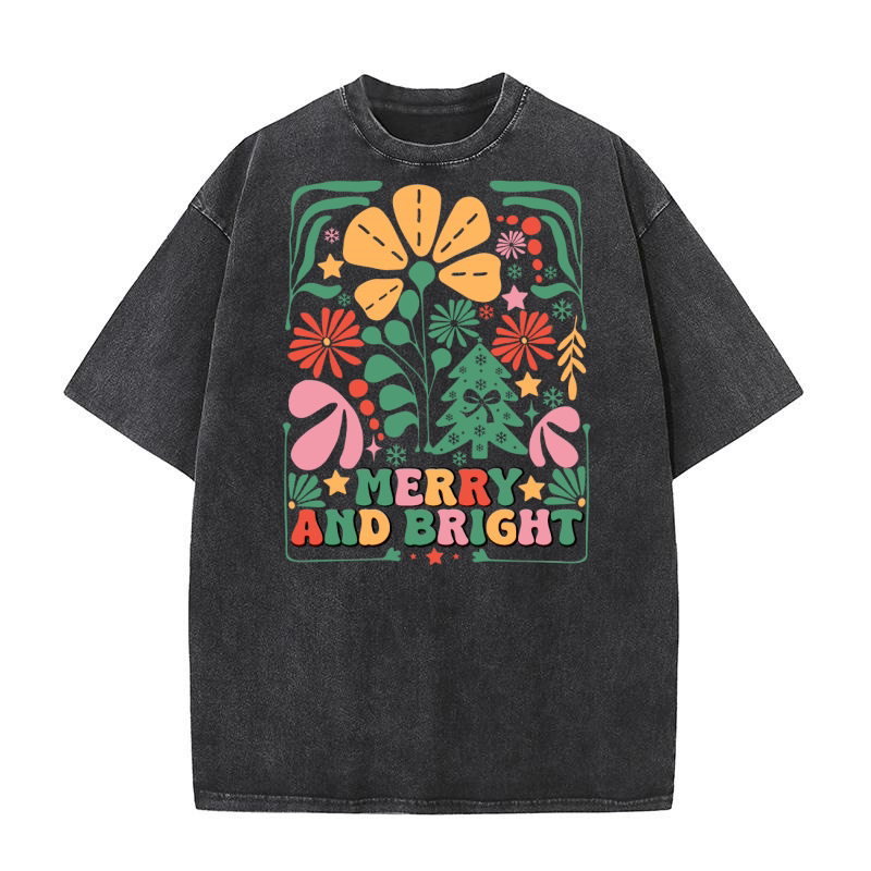 Merry and Bright Boho Christmas Tree Flower Retro Christmas 3 Washed T-Shirt