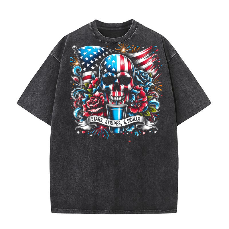 Stars Stripes & Skulls Patriotic Washed T-Shirt