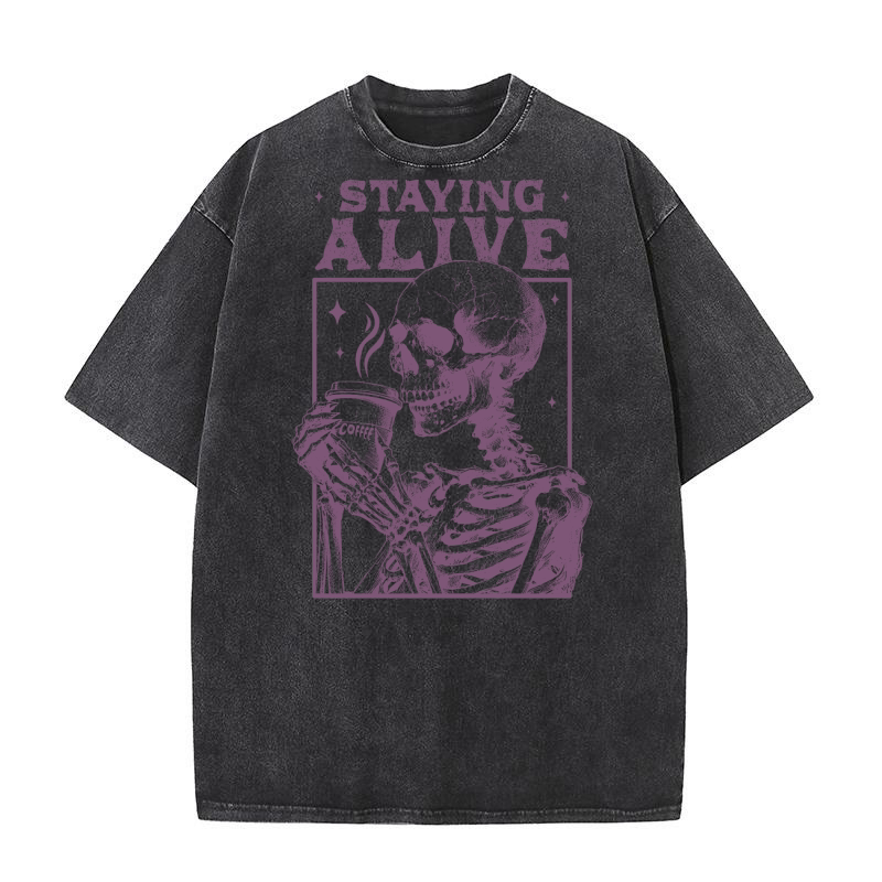 Staying Alive Skeleton Coffee L Purple Washed T-Shirt
