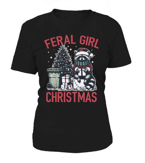Feral Girl Christmas Raccoon D Color Red Women's T-Shirt