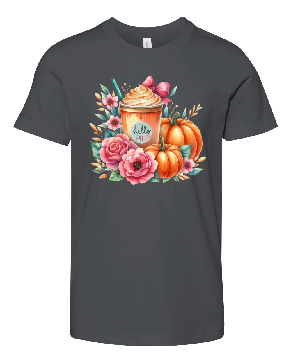 Hello Fall Watercolor Pumpkin Latte Youth Unisex Jersey Tee