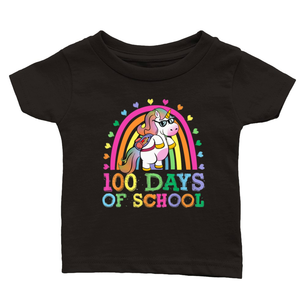 100 Days Of School Rainbow Unicorn Boys Kids Classic Baby Crewneck T-shirt