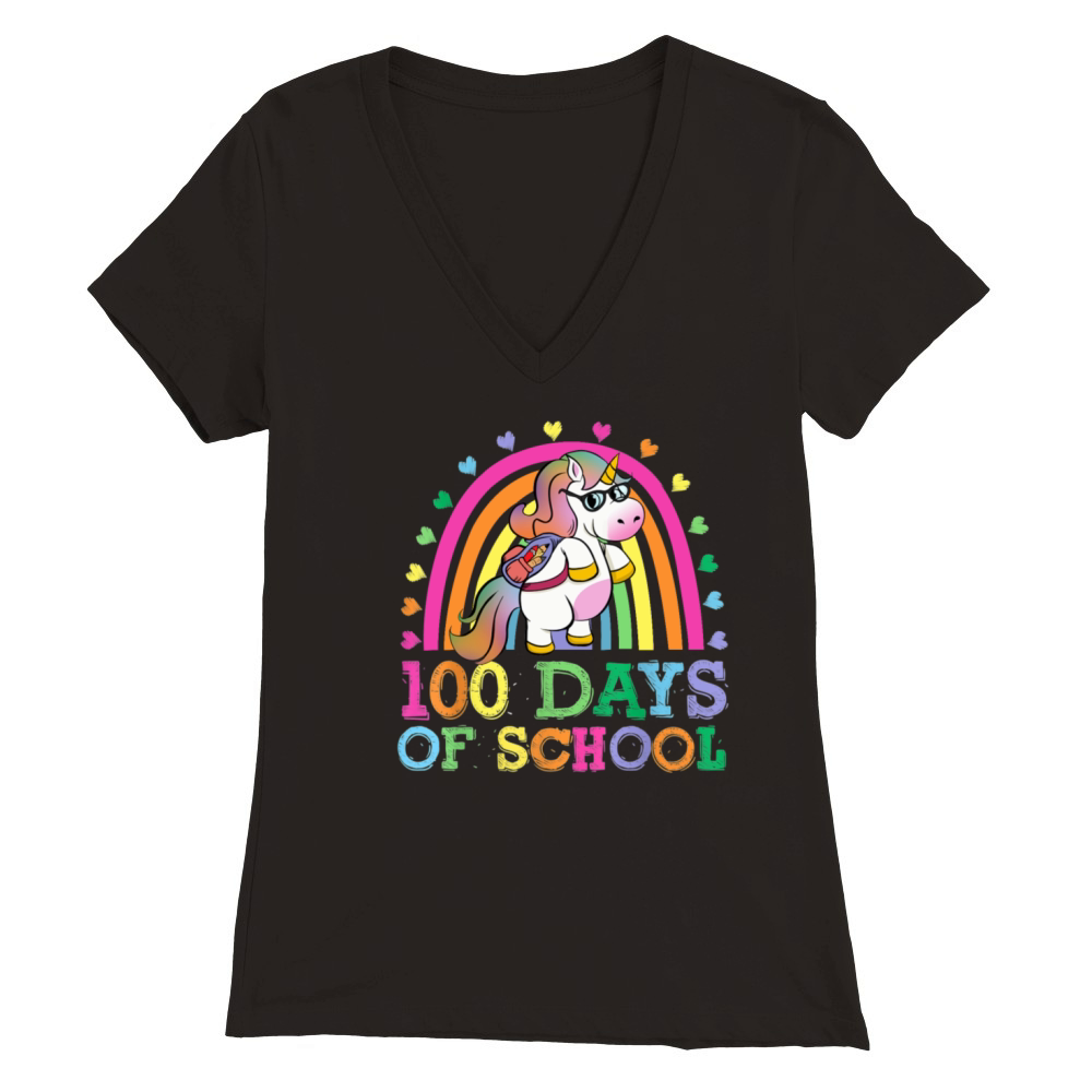 100 Days Of School Rainbow Unicorn Boys Kids Premium Womens V-Neck T-shirt