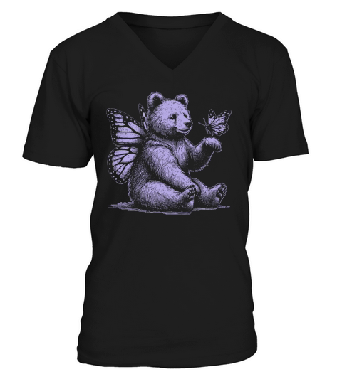Bear With Butterfly Wings Vintage D Violet GR V-Neck T-shirt